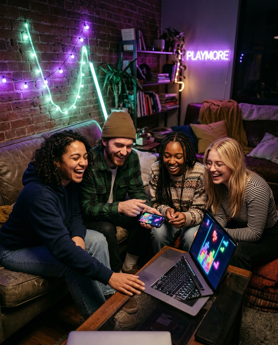 Friends laughing together over a block game on a laptop and phone